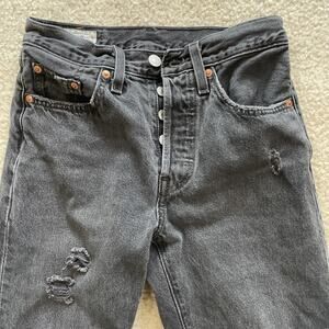 Levis 501 S Womens 24x28 Black Denim Skinny BIG E Button Fly Jeans Distressed